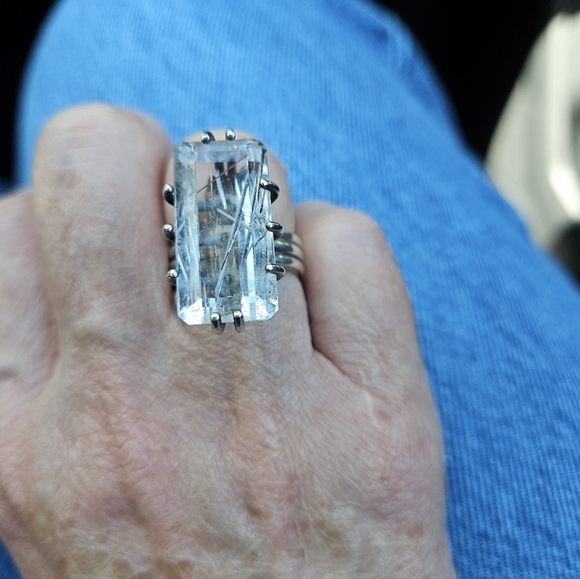 Vintage Huge Rutilated White Quartz Sterling Silver Ring - Picture 10 of 14